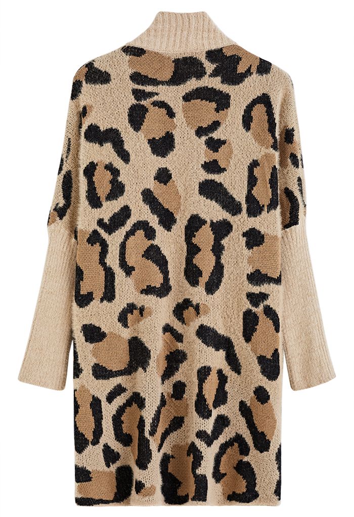 Fuzzy Leopard Batwing Sleeves Open Front Cardigan in Camel