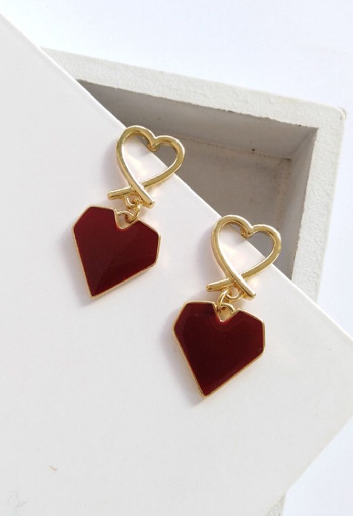 Scarlet Red Heart Shape Drop Earrings