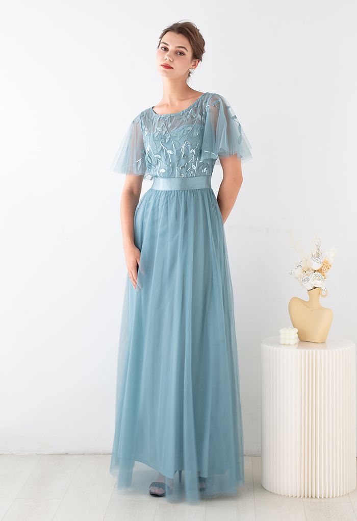 Sequined Vine Flutter Sleeve Mesh Gown in Teal