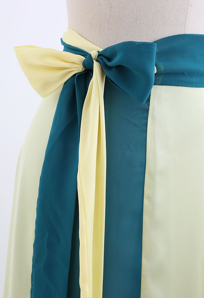 Tie-Waist Spliced Wrap Maxi Skirt in Teal