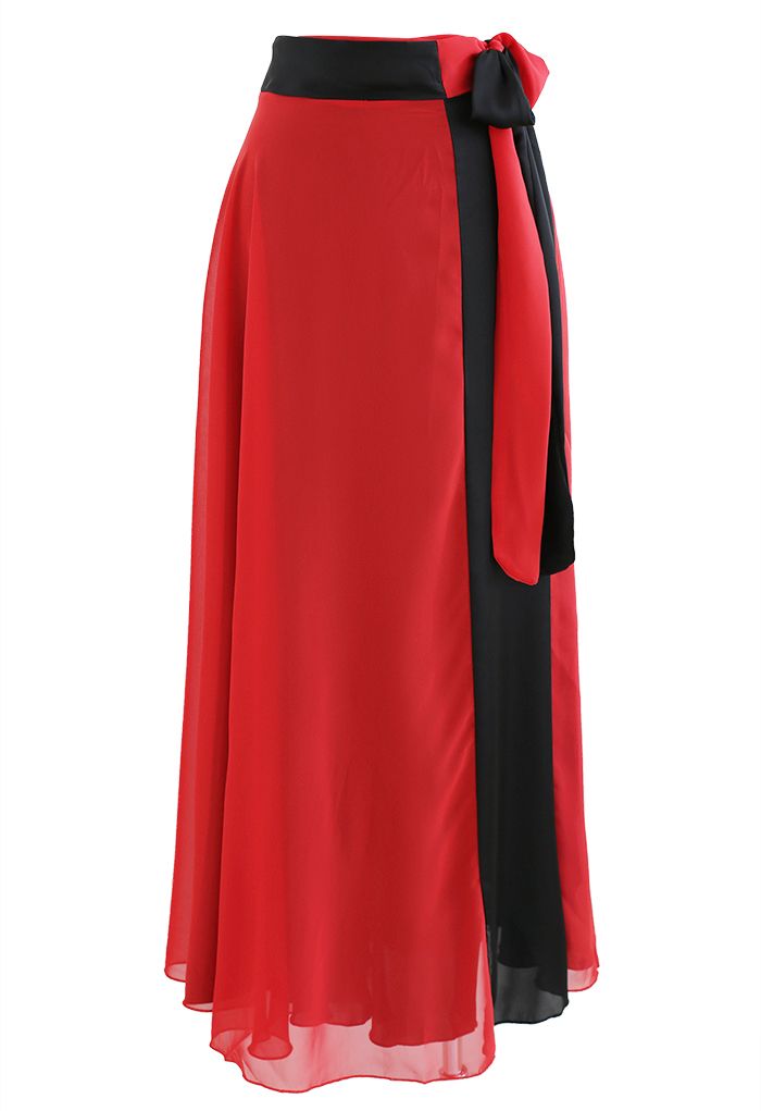 Tie-Waist Spliced Wrap Maxi Skirt in Red