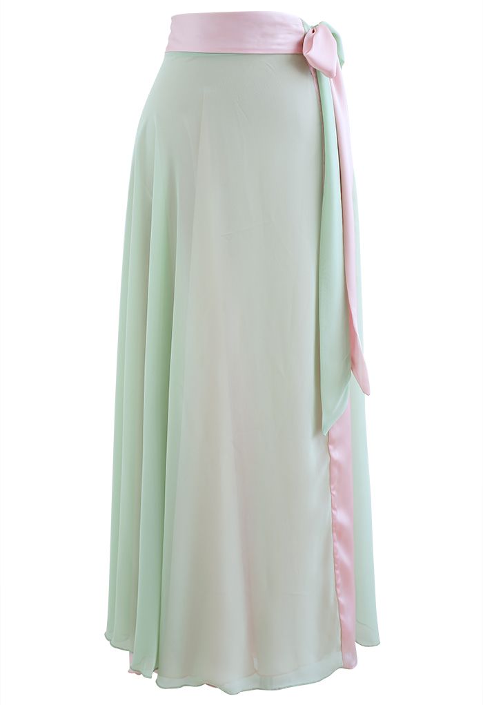 Tie-Waist Spliced Wrap Maxi Skirt in Pistachio