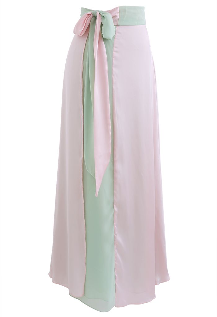 Tie-Waist Spliced Wrap Maxi Skirt in Pistachio