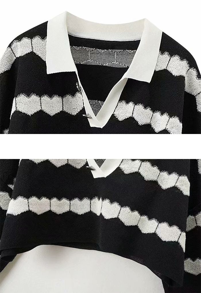 Striped Heart Polo Knit Crop Top