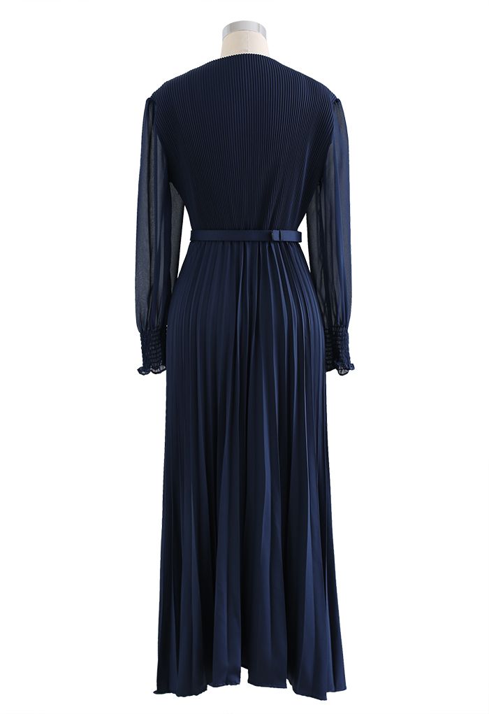 Full Pleated Belted Maxi Dress in Navy