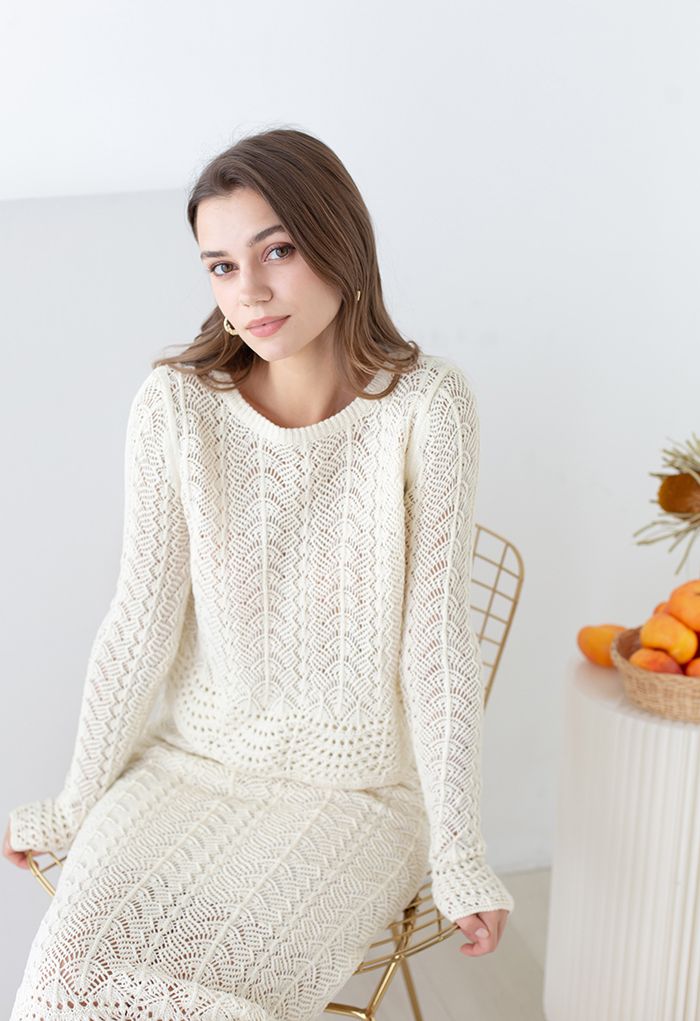 Hollow Scalloped Knit Sweater and Skirt Set