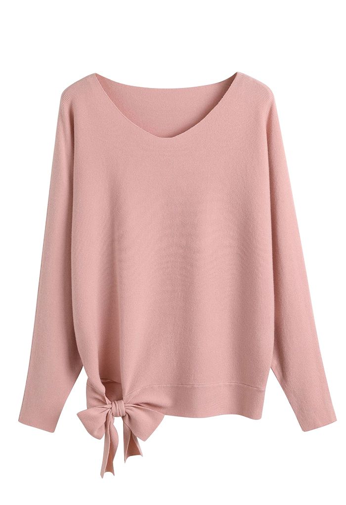 Batwing Sleeve Bowknot Oversize Sweater in Pink