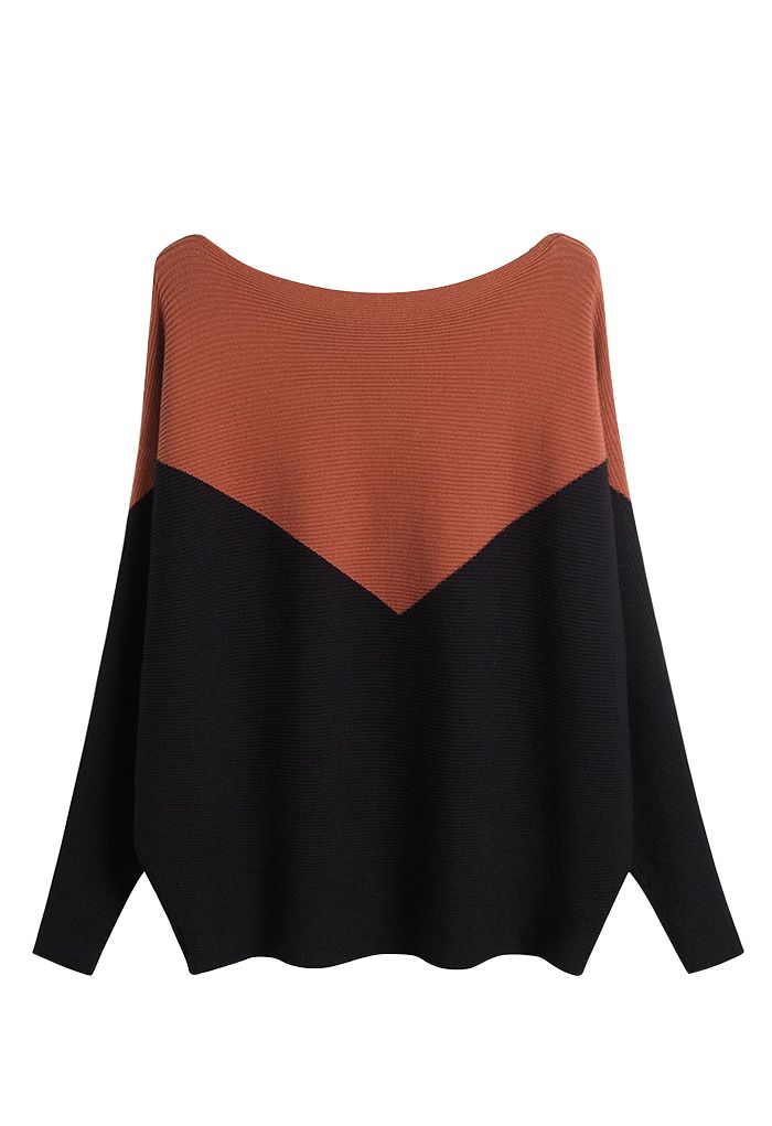 Two-Tone Boat Neck Batwing Sleeve Sweater in Caramel