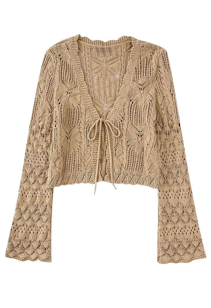 Tie Front Flare Sleeve Crop Cardigan