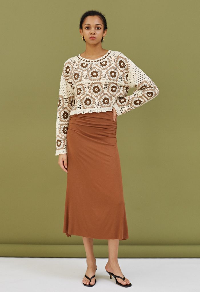 High Waist Ruched Detail Maxi Skirt in Caramel