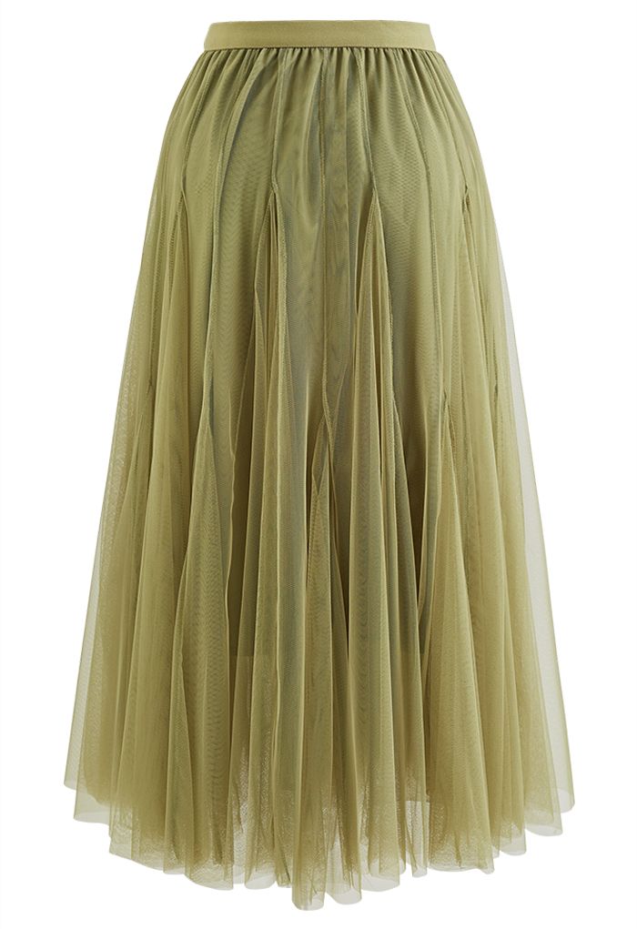 Crystal Embellished Solid Color Tulle Skirt in Moss Green