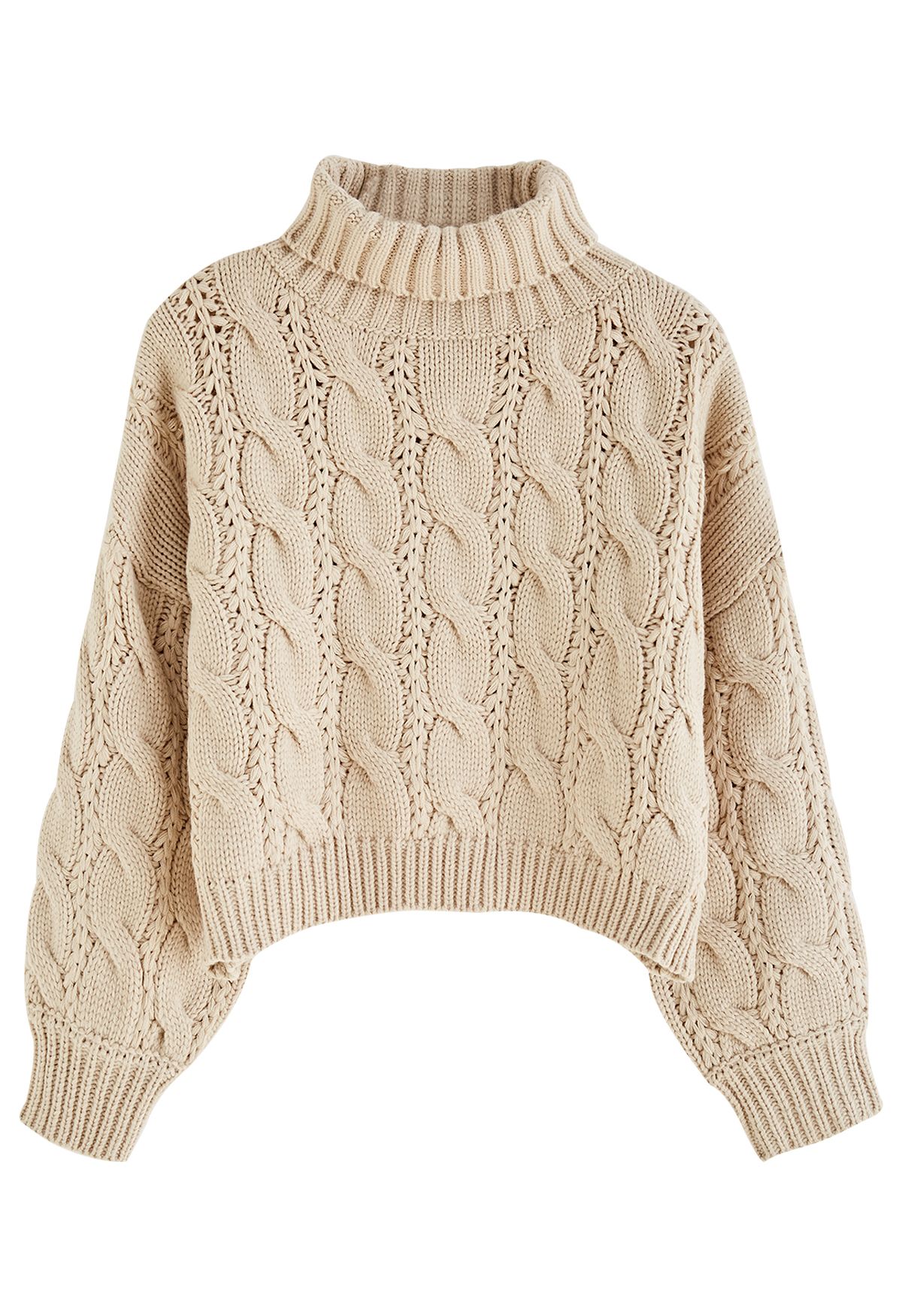 Turtleneck Braid Knit Crop Sweater in Camel