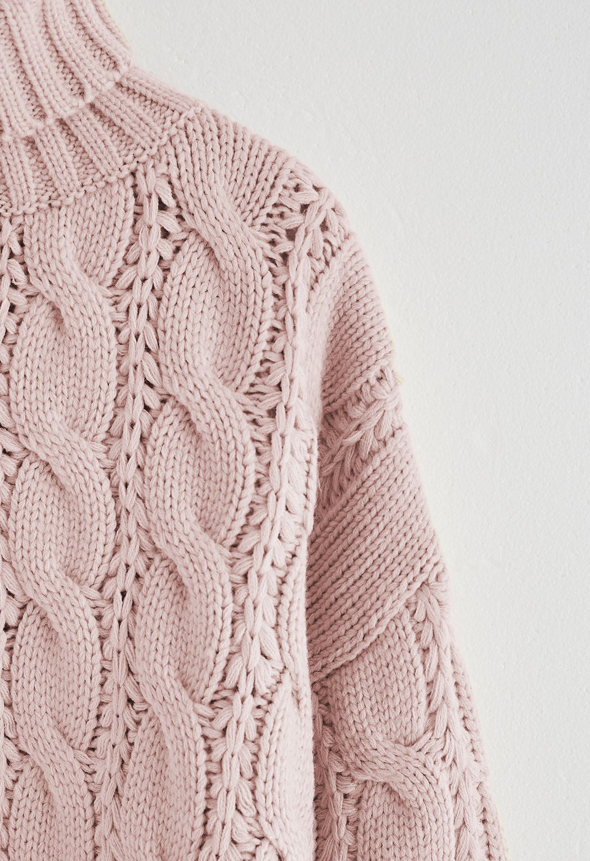 Turtleneck Braid Knit Crop Sweater in Pink