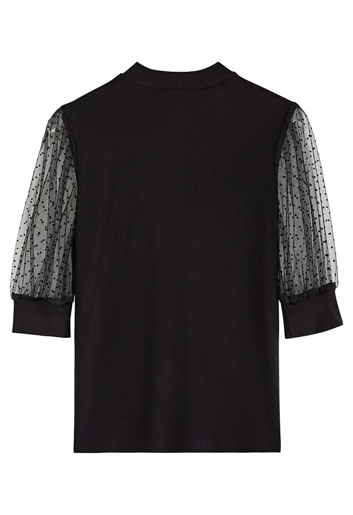 Flock Dots Elbow Sleeves Ribbed Top in Black