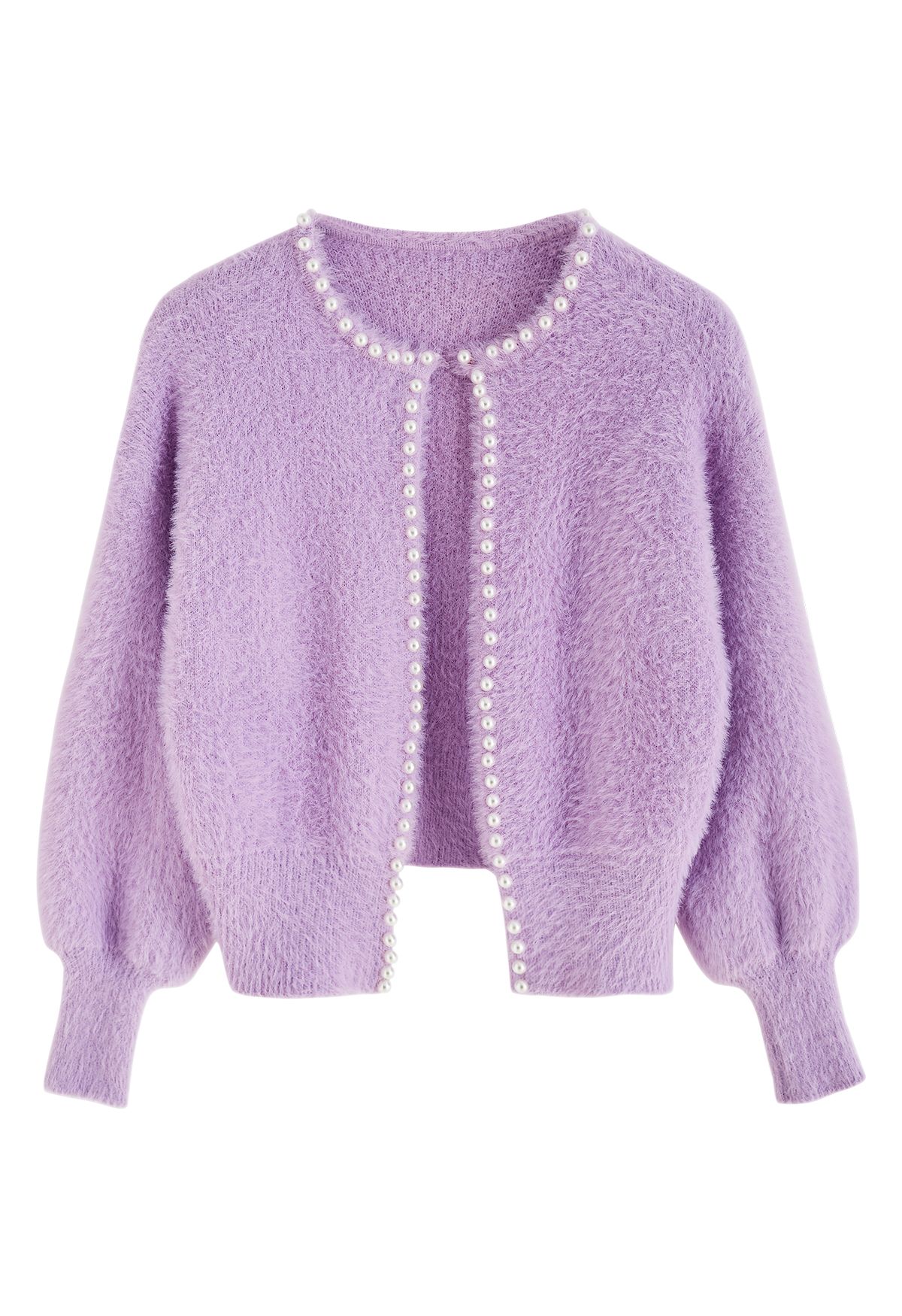 Open Front Pearly Fuzzy Knit Cardigan in Lilac