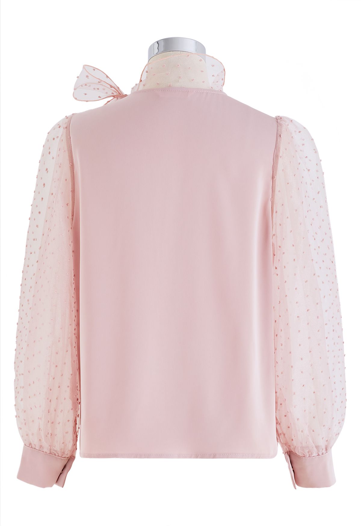 Flock Dots Organza Bubble Sleeve Bowknot Satin Shirt in Pink