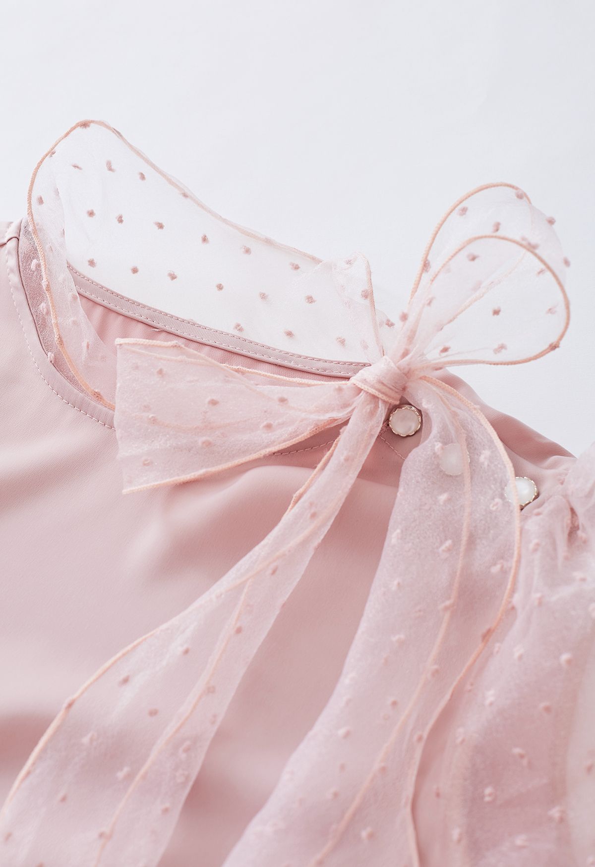 Flock Dots Organza Bubble Sleeve Bowknot Satin Shirt in Pink