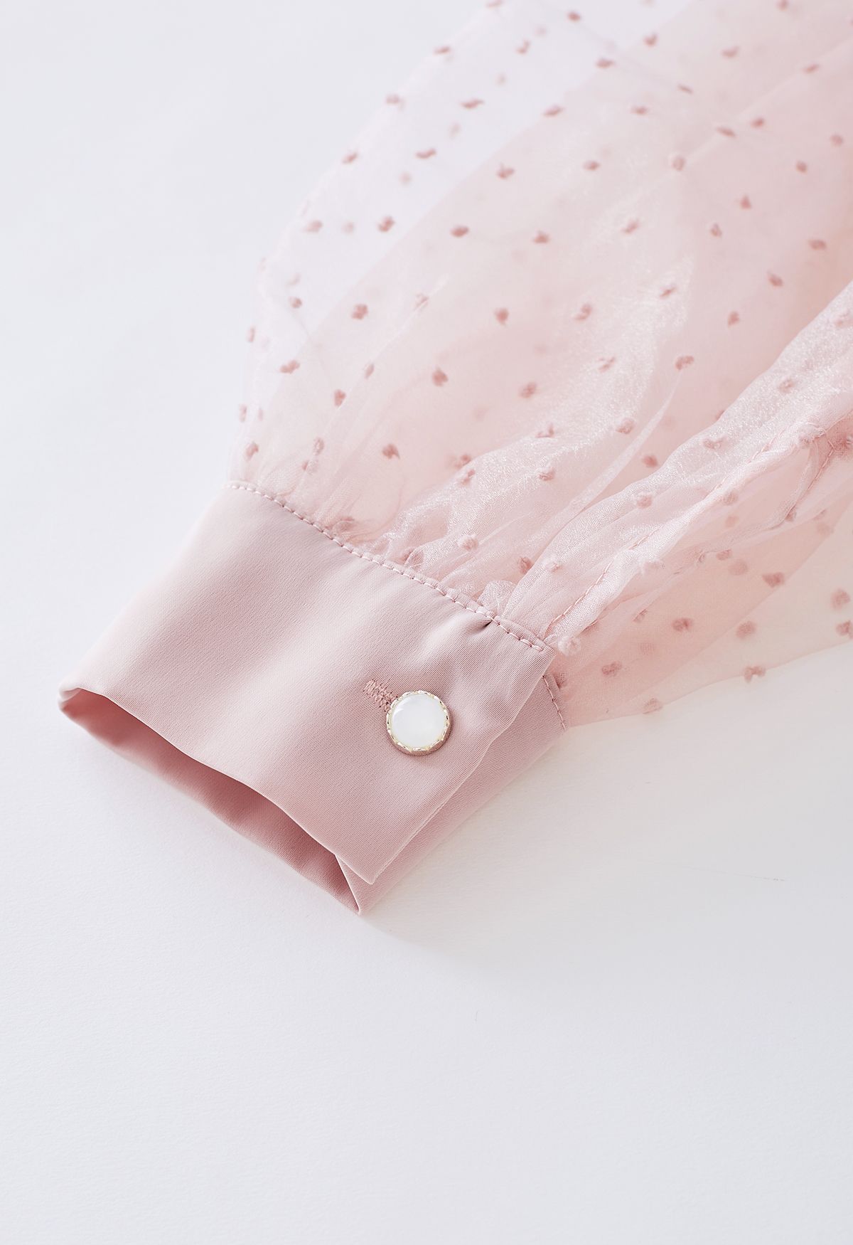 Flock Dots Organza Bubble Sleeve Bowknot Satin Shirt in Pink