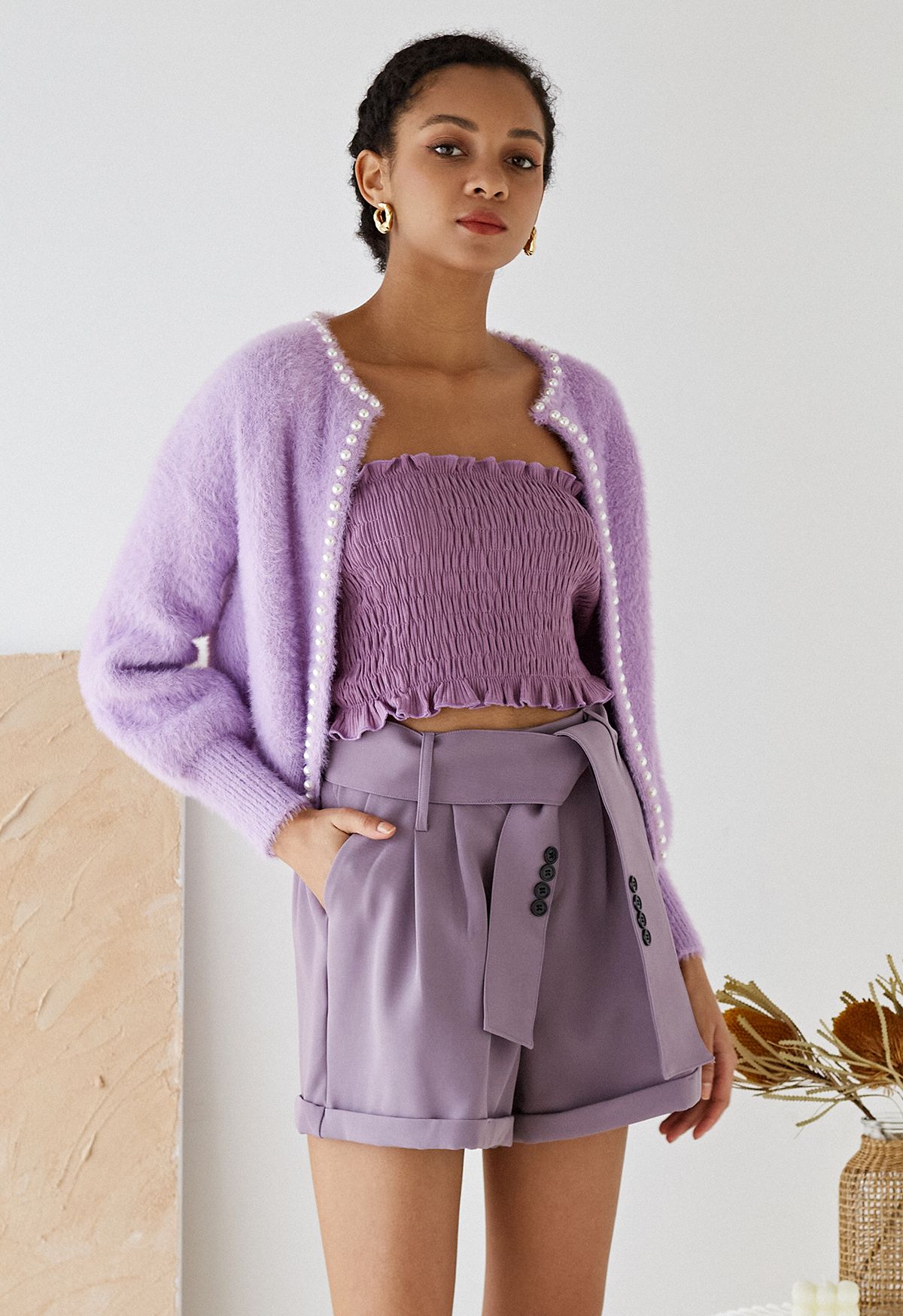 Open Front Pearly Fuzzy Knit Cardigan in Lilac