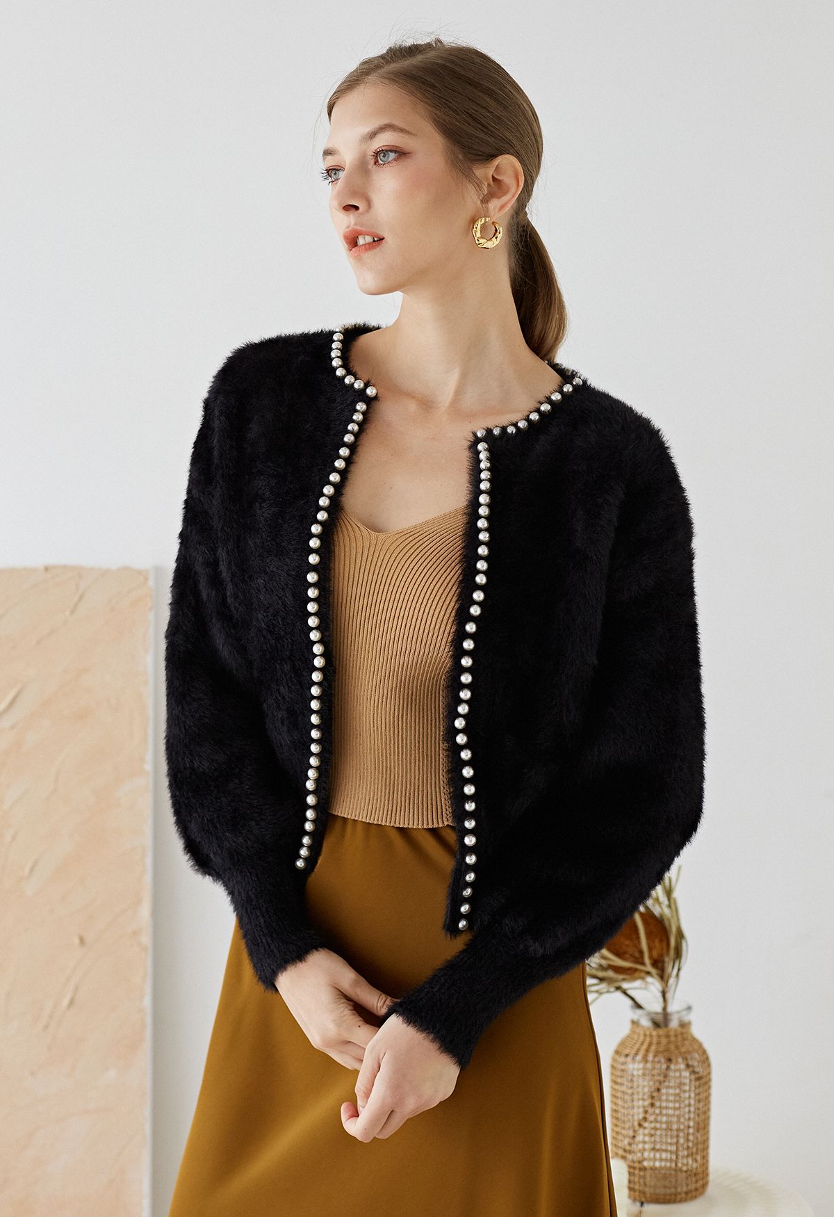 Open Front Pearly Fuzzy Knit Cardigan in Black