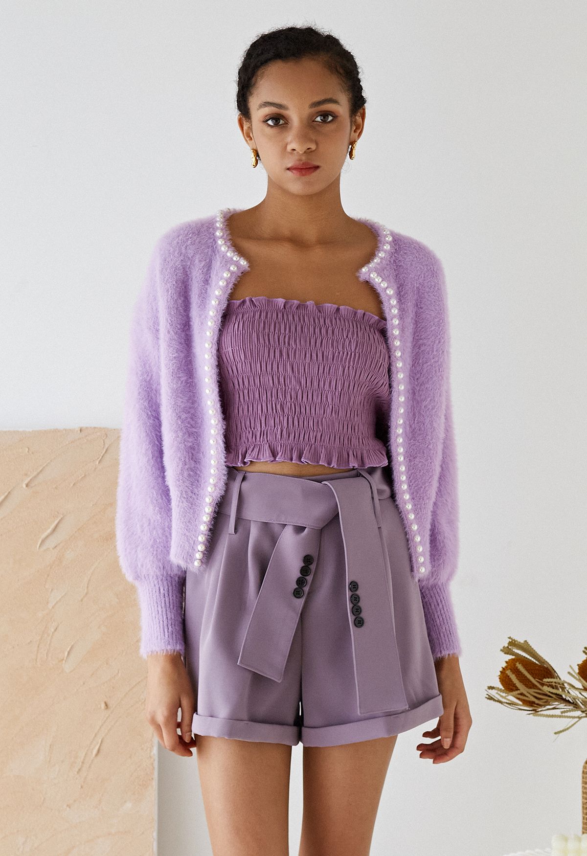 Open Front Pearly Fuzzy Knit Cardigan in Lilac