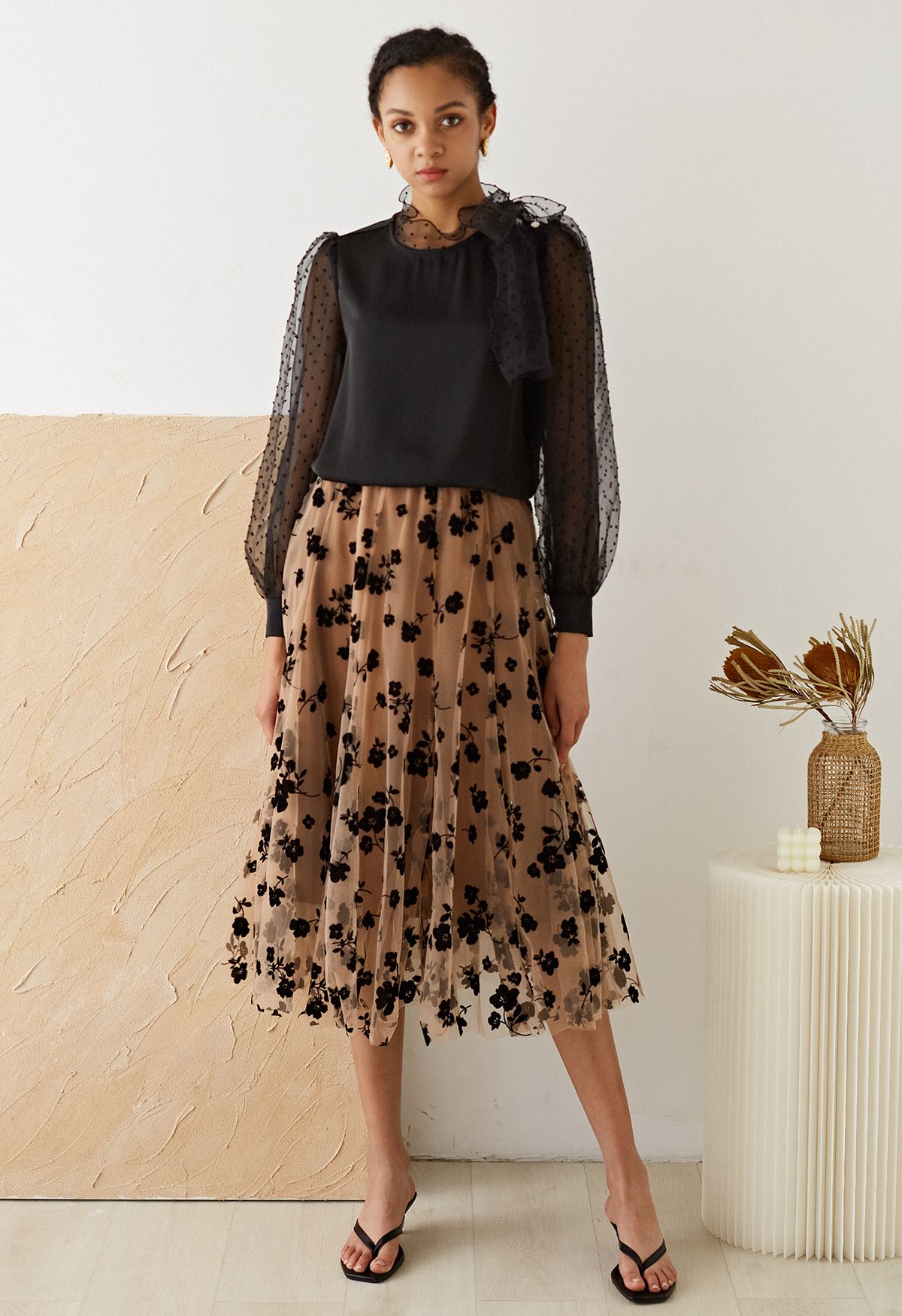 3D Posy Double-Layered Mesh Midi Skirt in Caramel