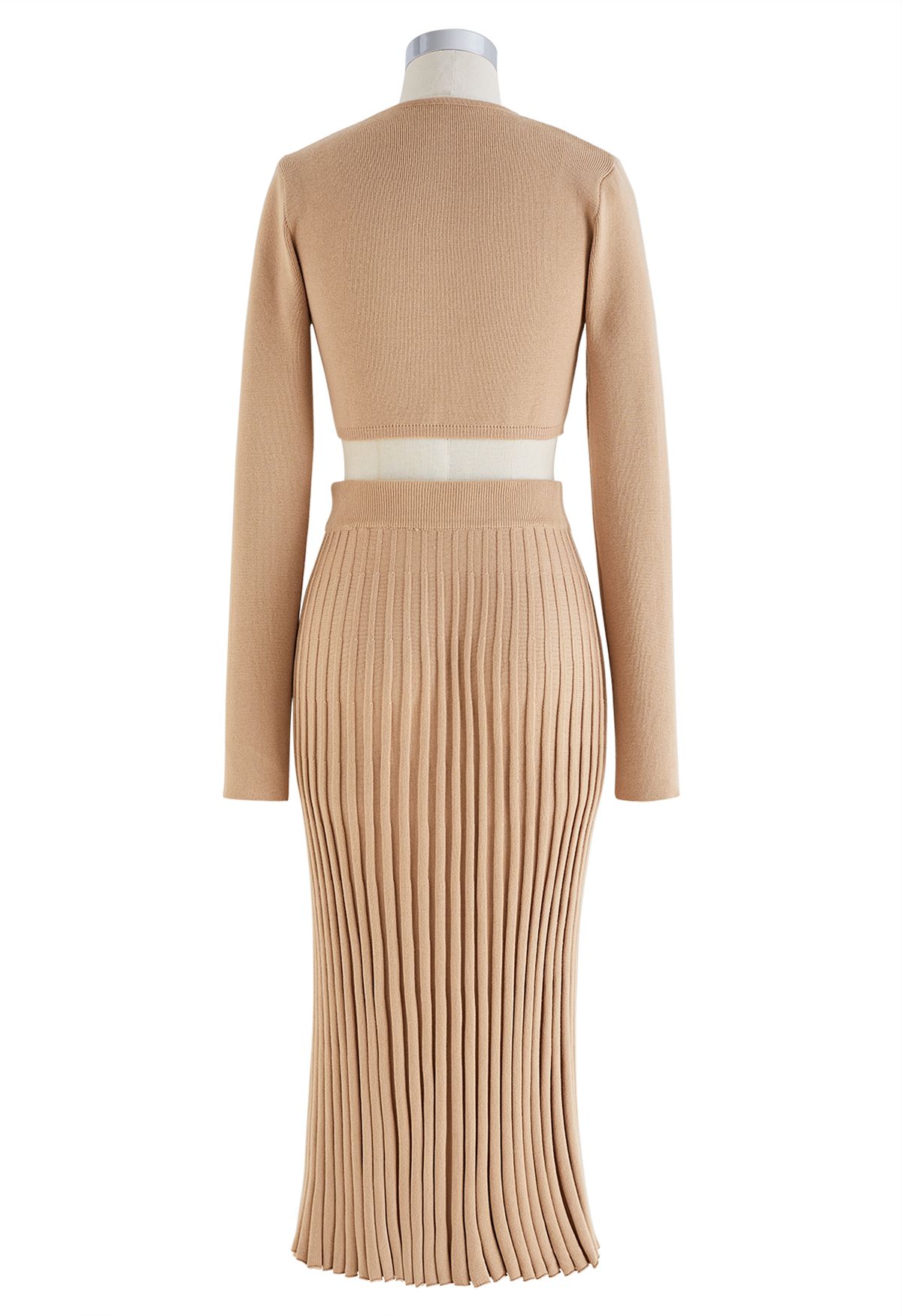 Knitted Crop Top and Buttoned Slit Skirt Set in Apricot