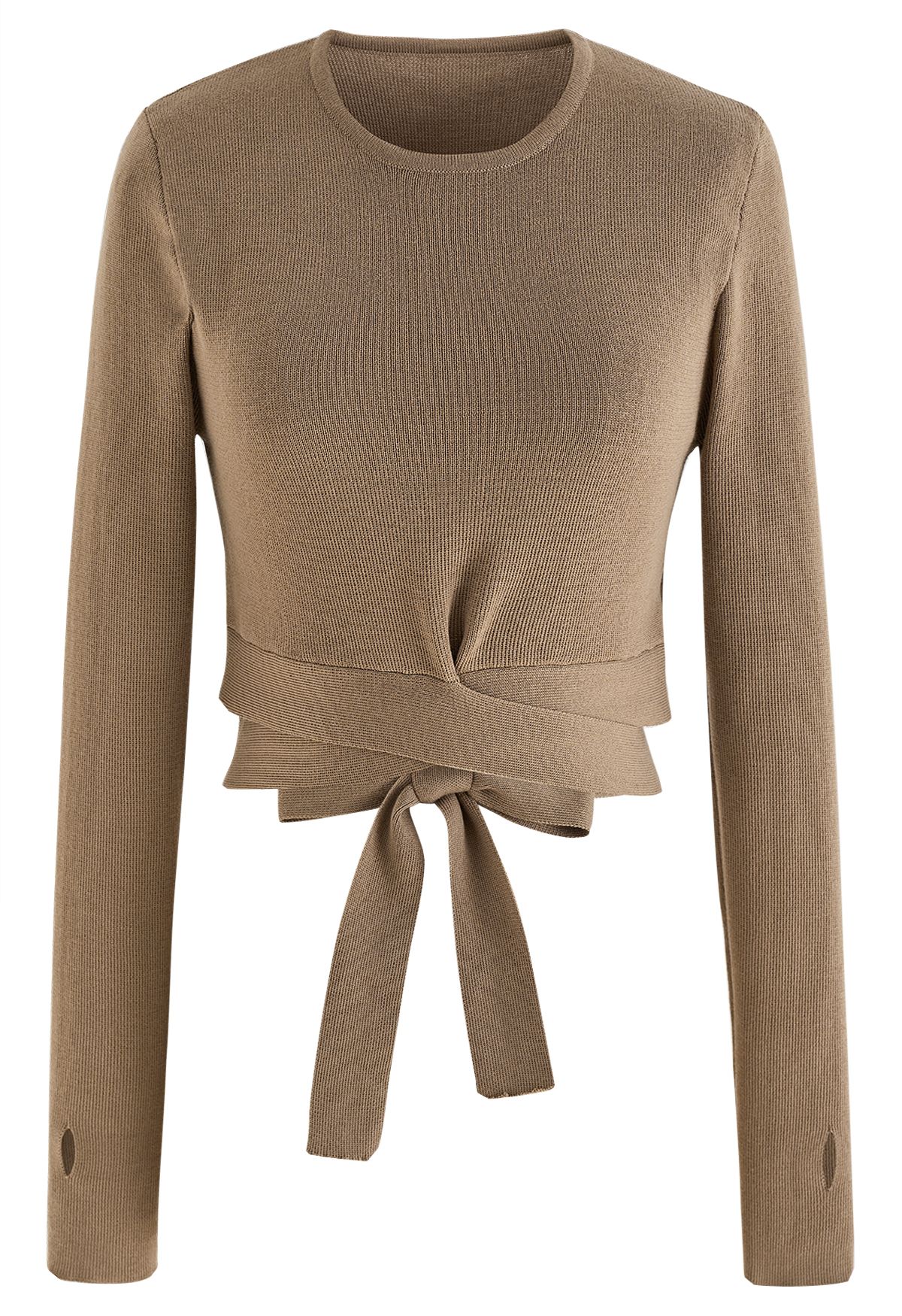 Self-Tie Bowknot Knit Crop Top in Tan