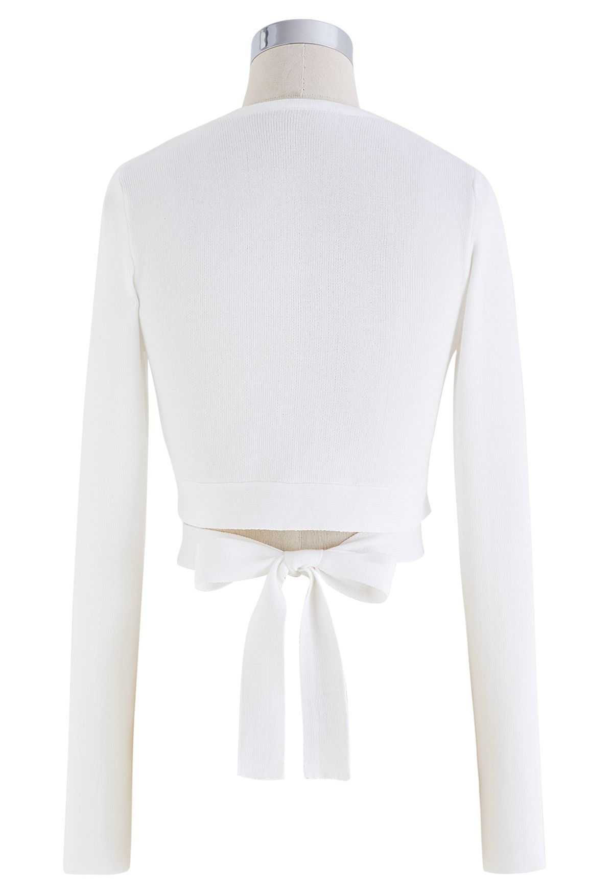 Self-Tie Bowknot Knit Crop Top in White