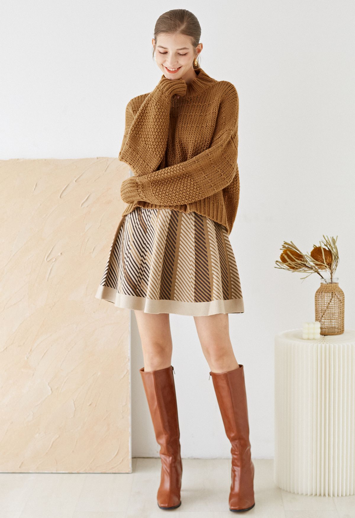 High Waist Stripe Flare Knit Skirt in Tan