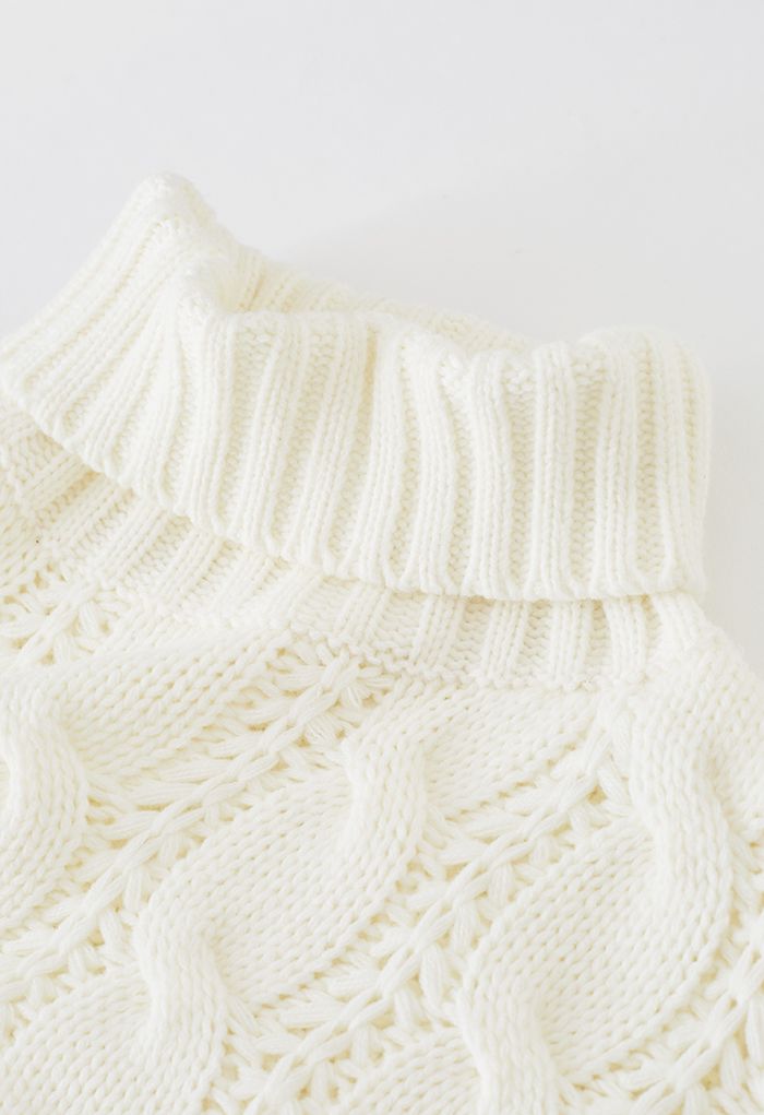 Turtleneck Braid Knit Crop Sweater in Cream