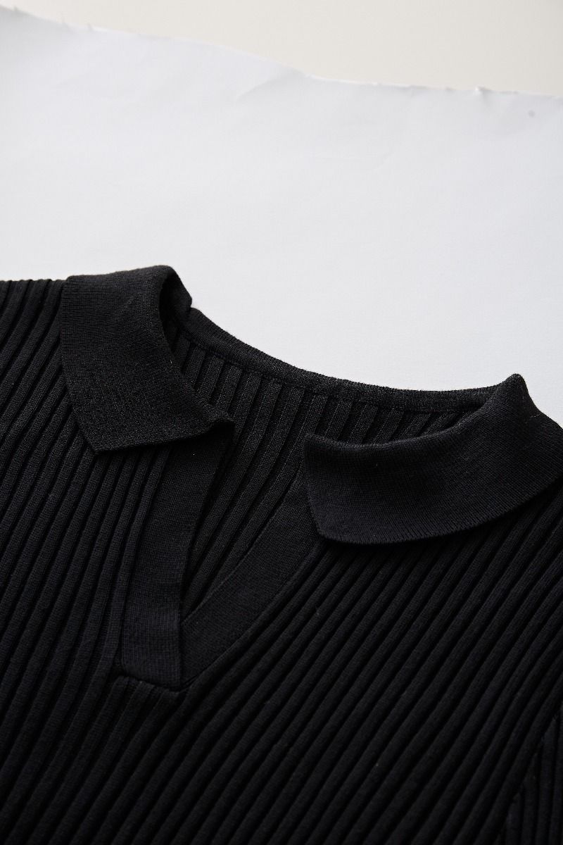 Collared V-Neck Knit Top and Pleated Skirt Set in Black