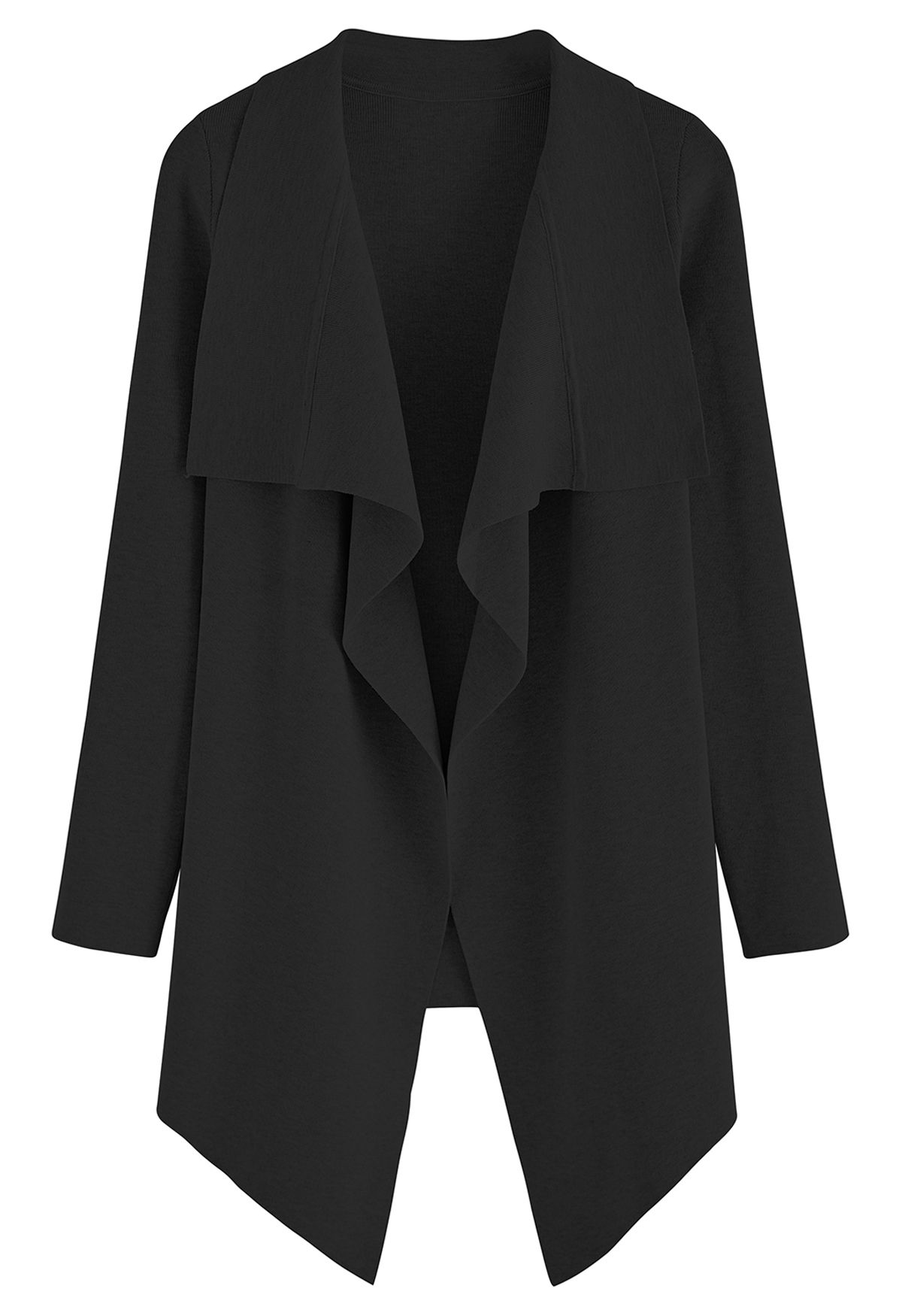 Wide Lapel Tie Waist Knit Cardigan in Black