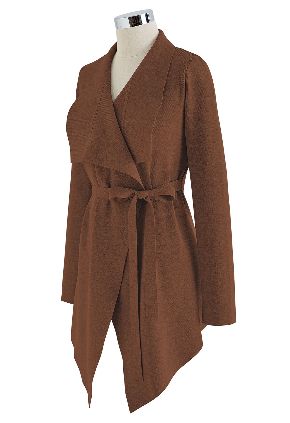 Wide Lapel Tie Waist Knit Cardigan in Brown