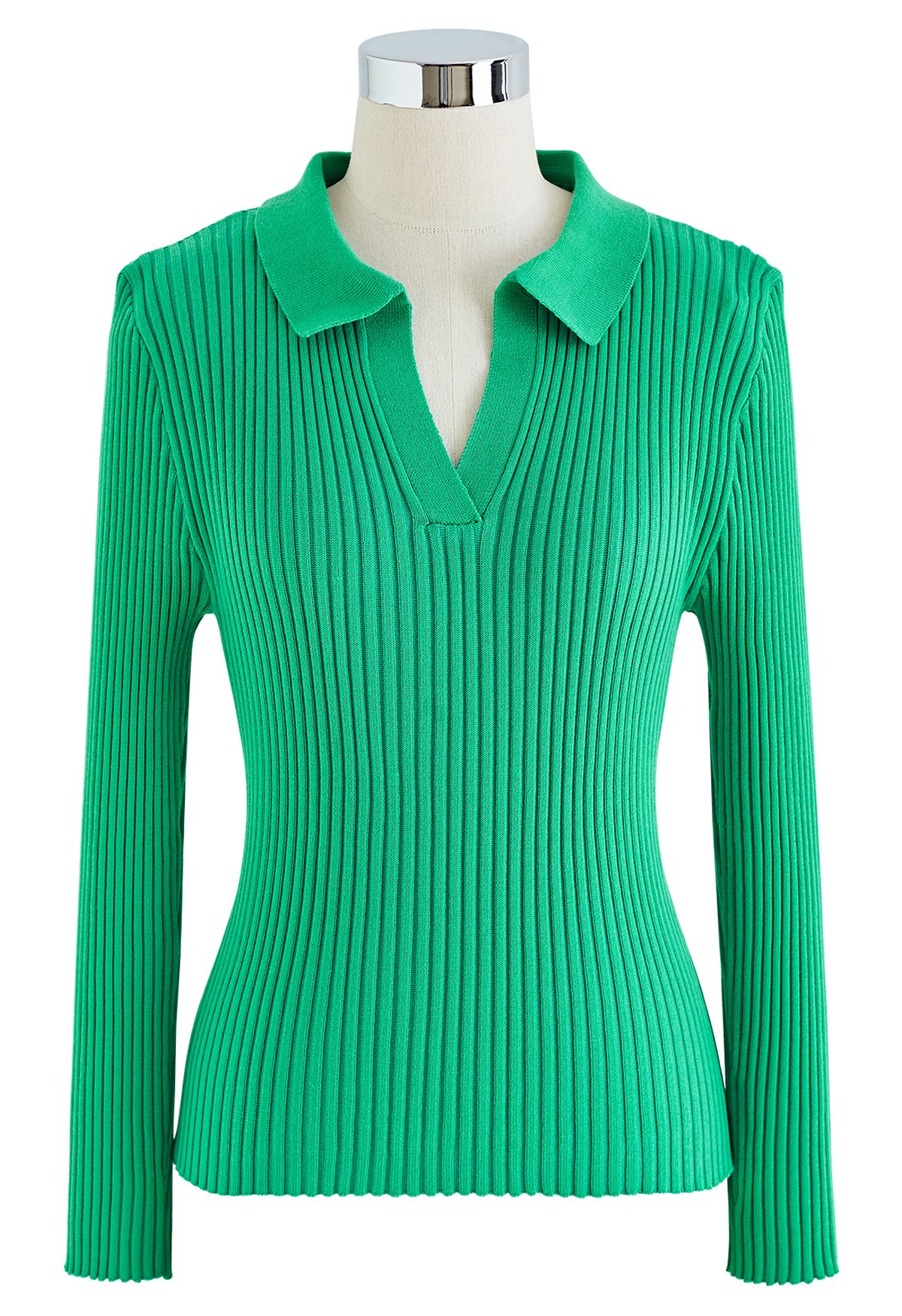 Collared V-Neck Knit Top and Pleated Skirt Set in Green