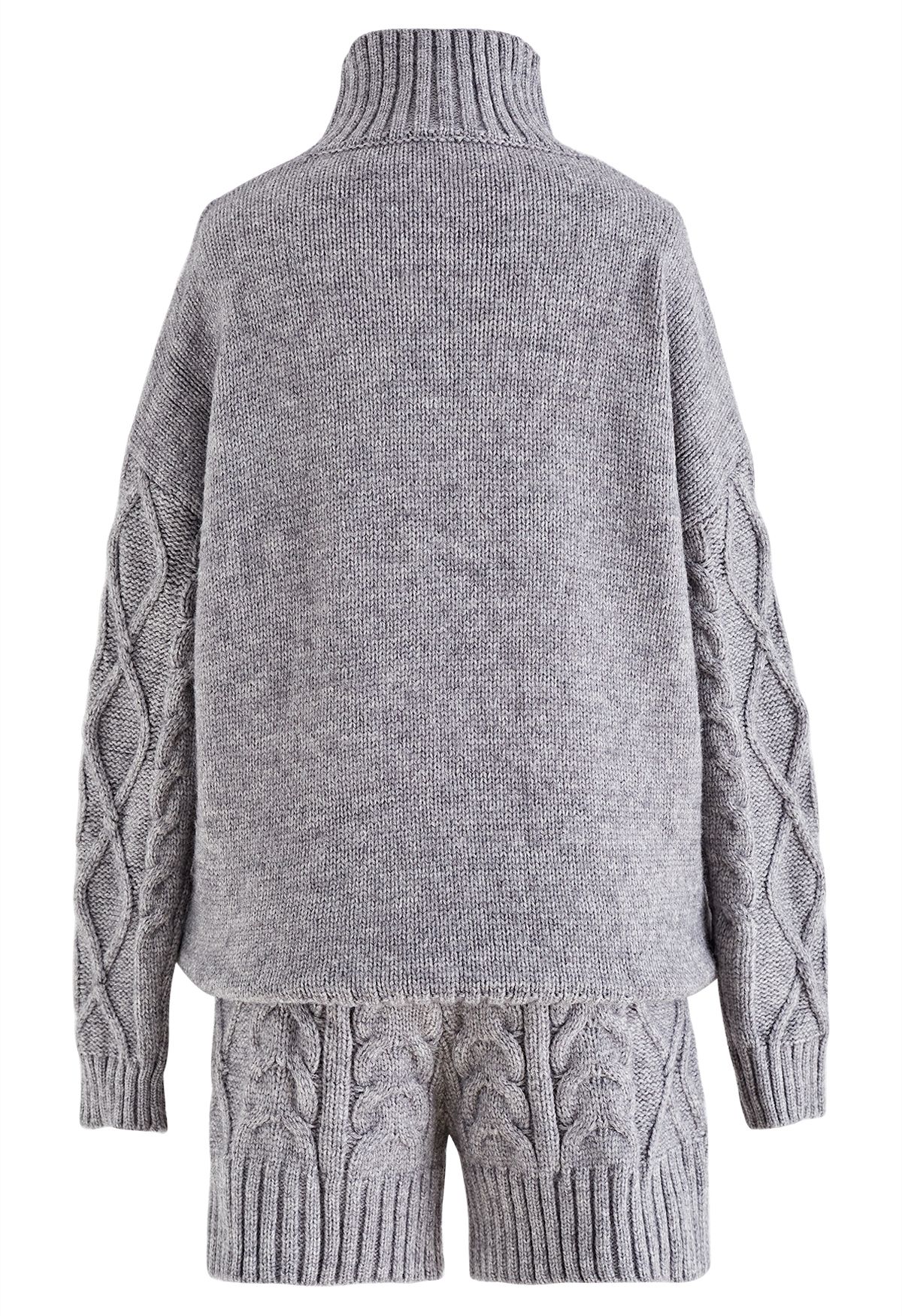 High Neck Braided Knit Sweater and Shorts Set in Grey