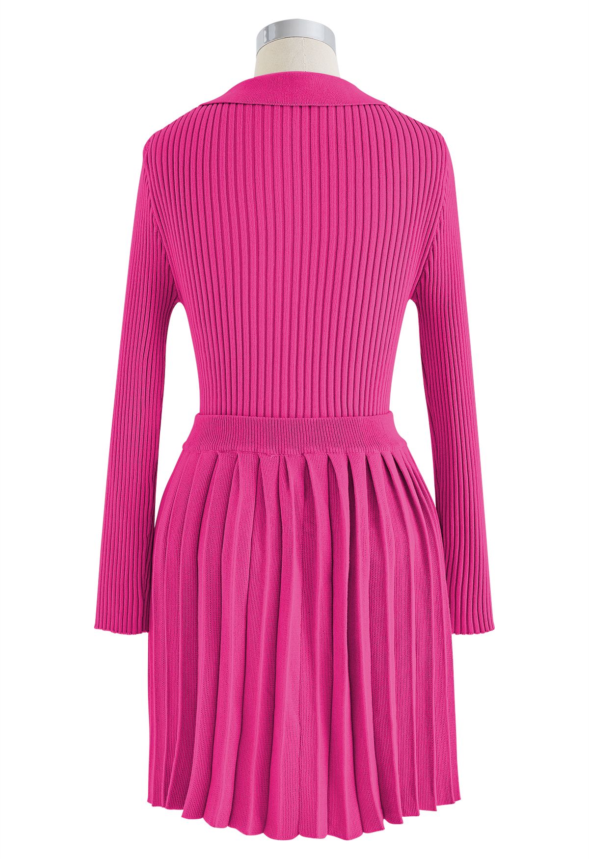 Collared V-Neck Knit Top and Pleated Skirt Set in Hot Pink