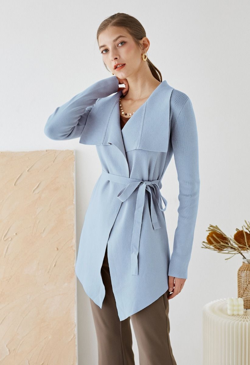 Wide Lapel Tie Waist Knit Cardigan in Baby Blue