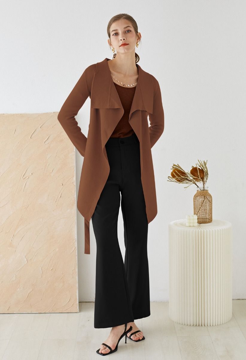 Wide Lapel Tie Waist Knit Cardigan in Brown