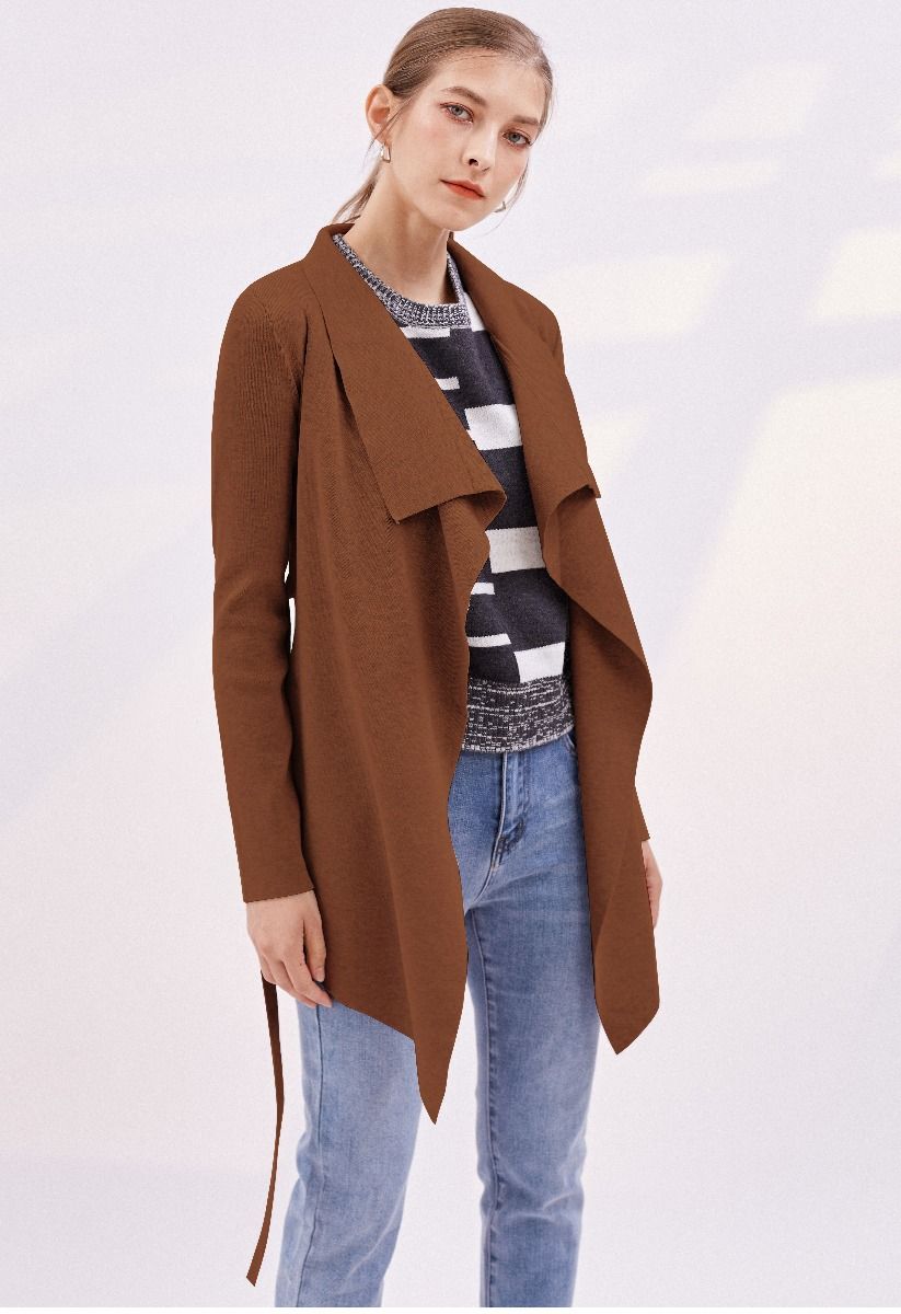 Wide Lapel Tie Waist Knit Cardigan in Brown