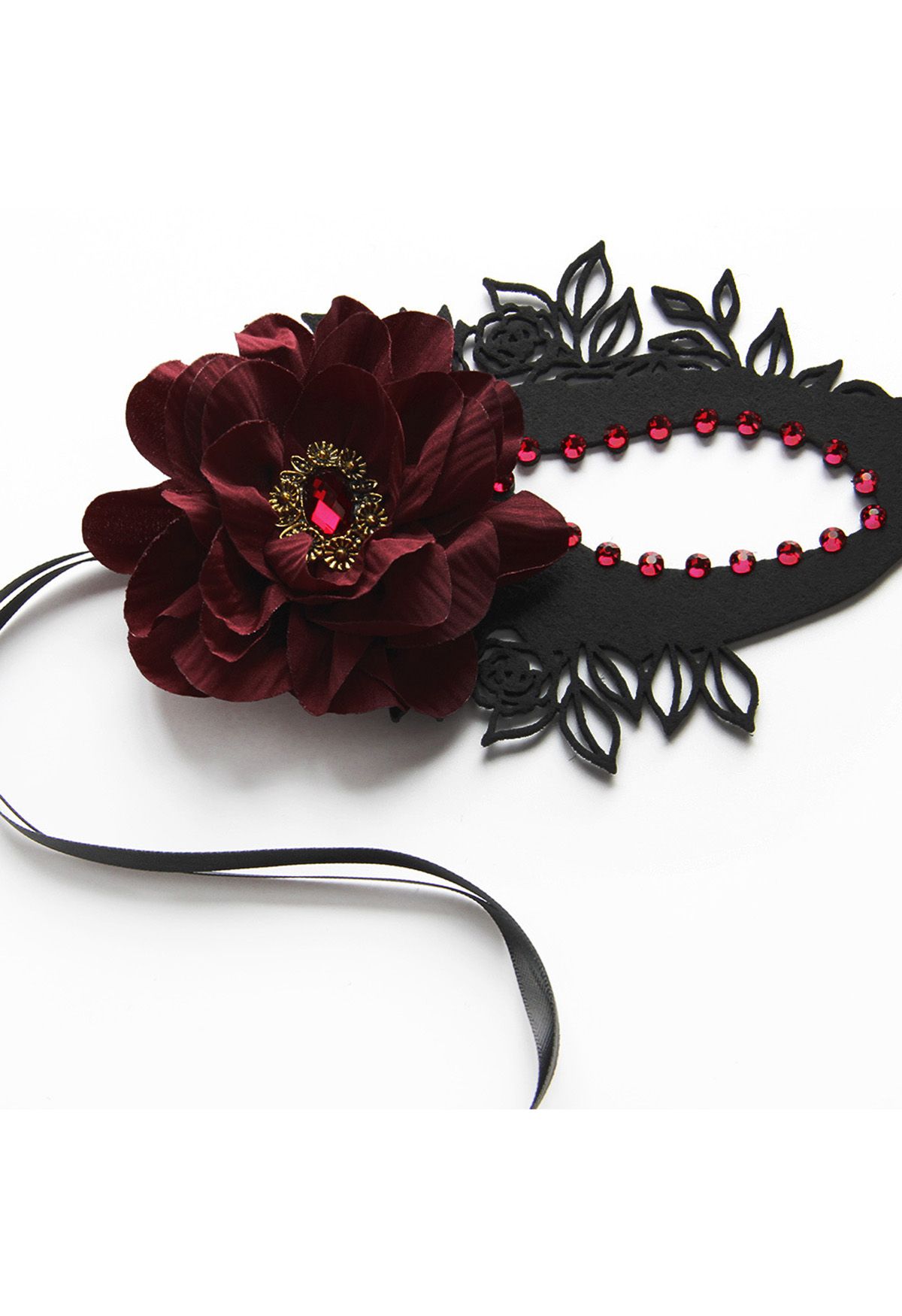 Floral Trim Burgundy Jewelry Ball Mask 