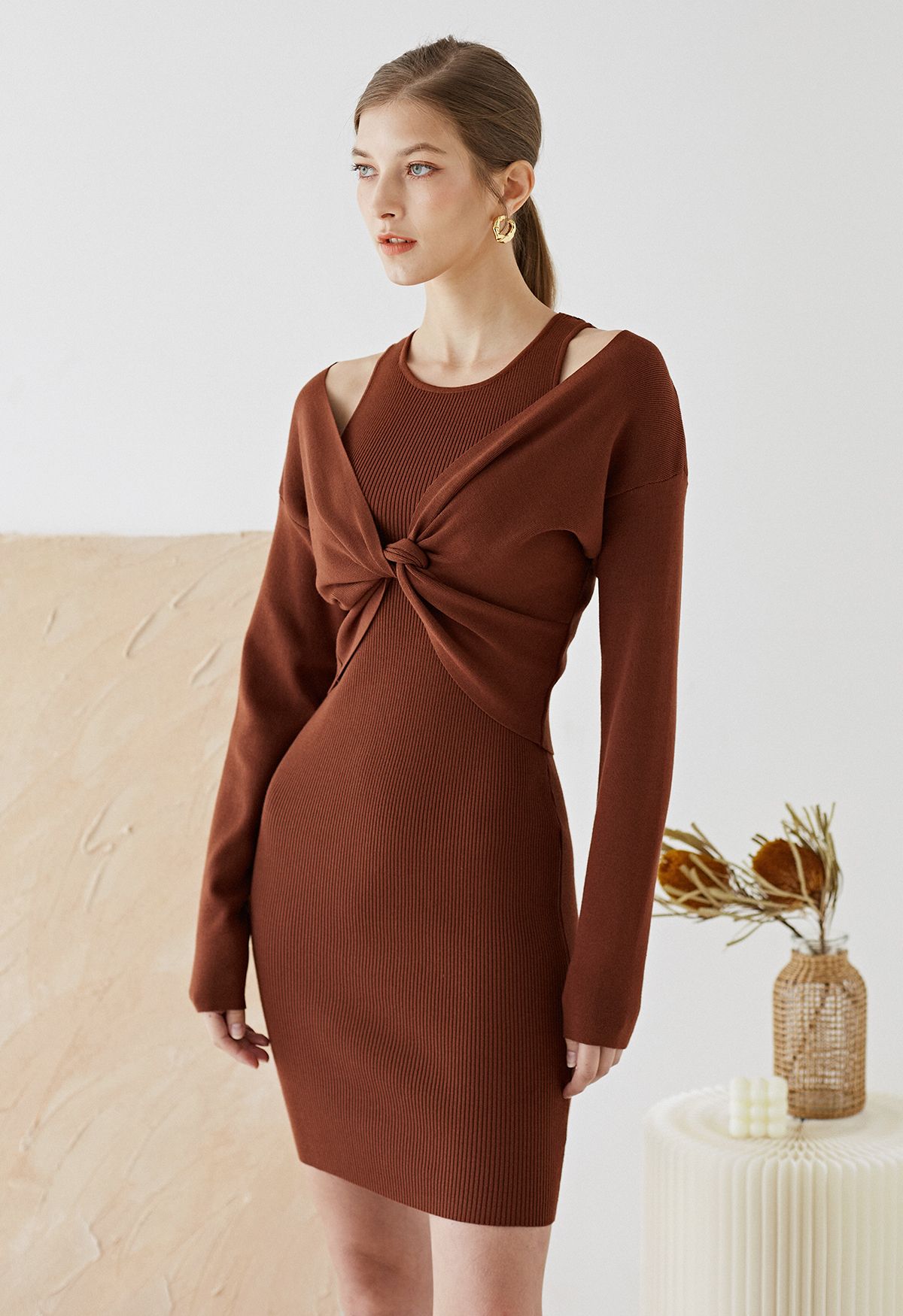 Twist Front Two-Piece Bodycon Knit Dress in Caramel