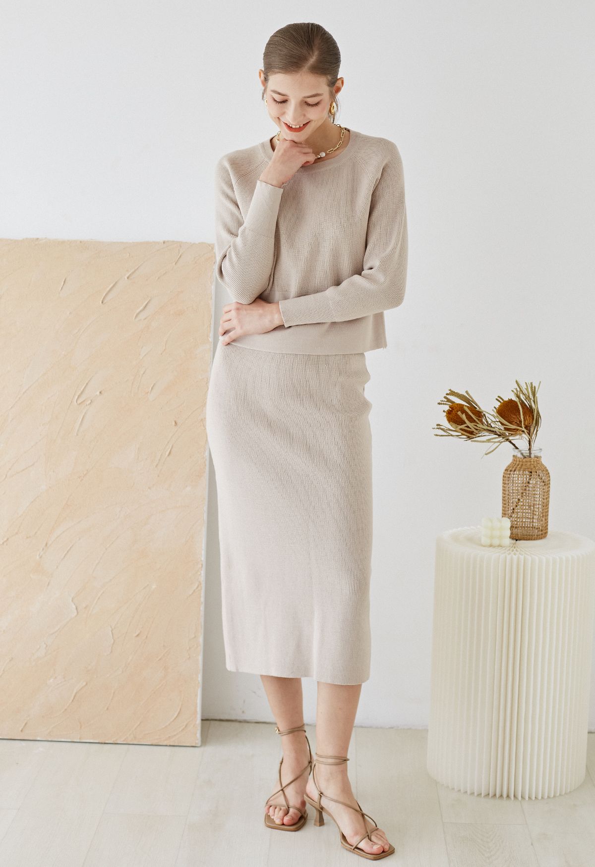 Comfy Ribbed Knit Top and Midi Skirt Set in Linen