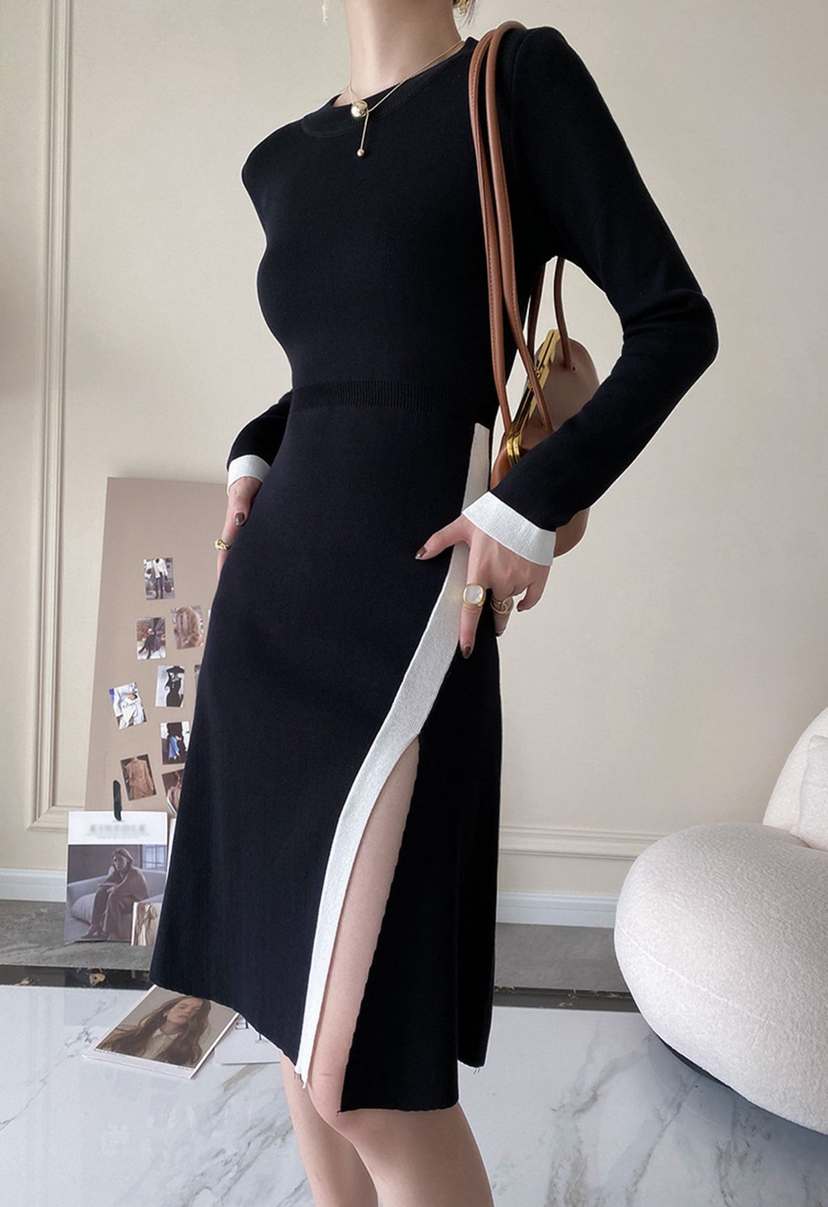 Contrast Line Split Hem Long Sleeve Knit Midi Dress