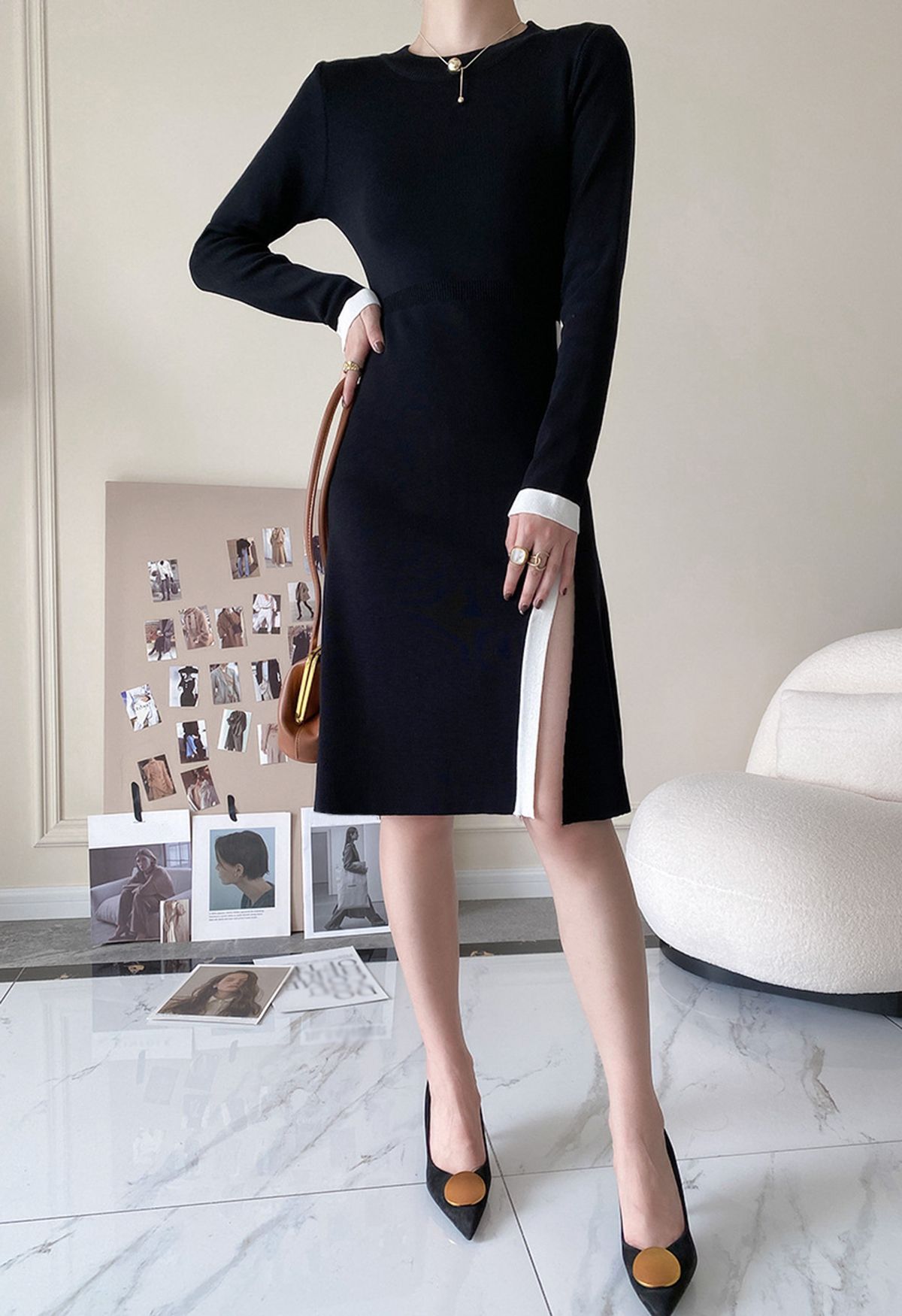 Contrast Line Split Hem Long Sleeve Knit Midi Dress