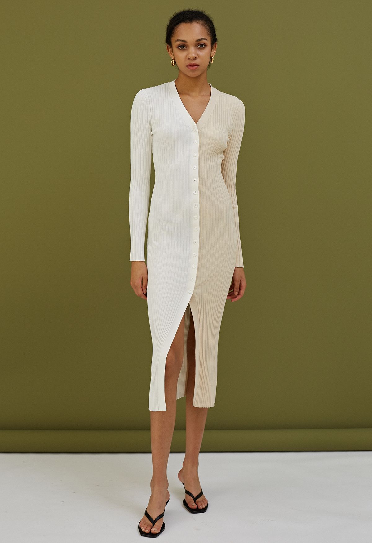 Button Down Two-Tone Spliced Bodycon Knit Dress in Cream