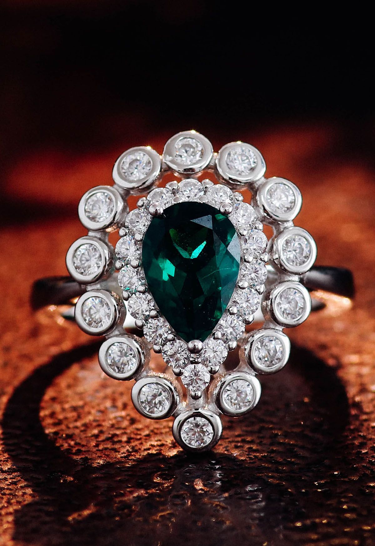 Pear Emerald Gem Diamond Trim Ring