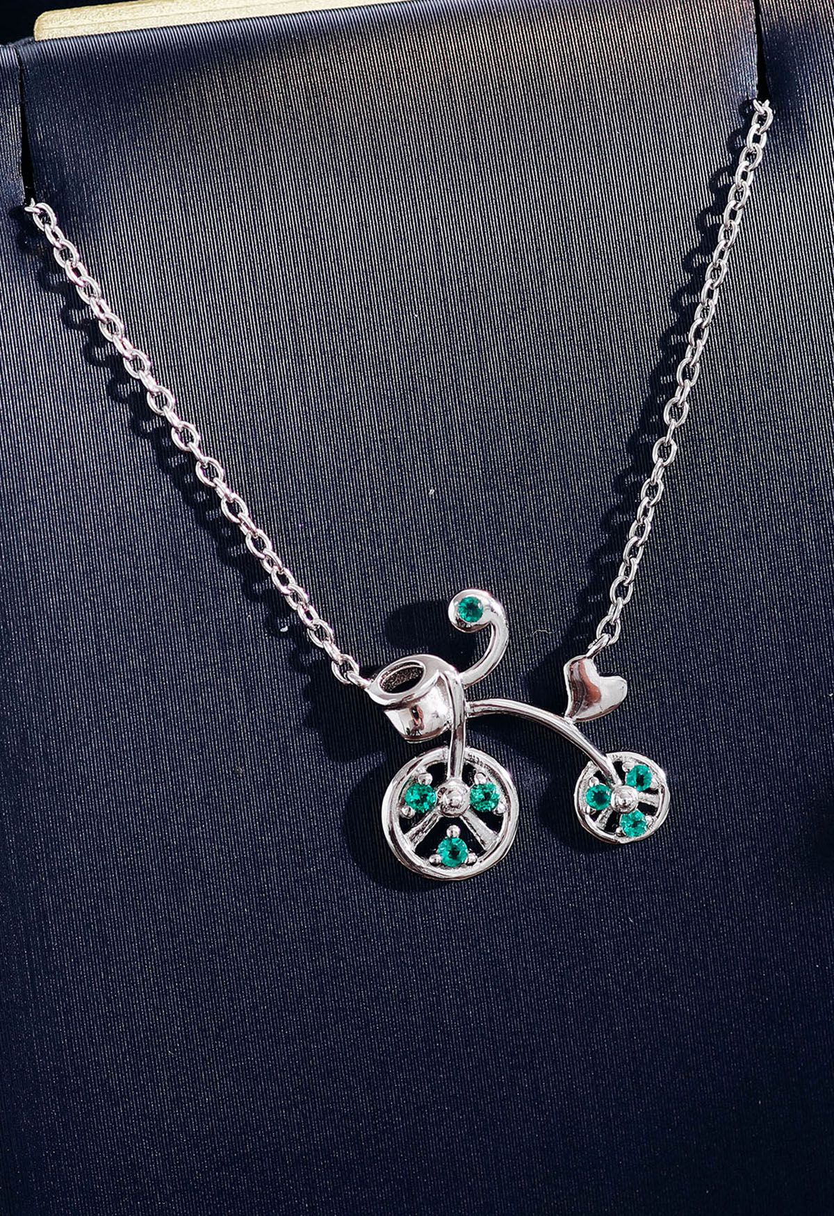 High Wheel Bicycle Shape Emerald Gem Necklace