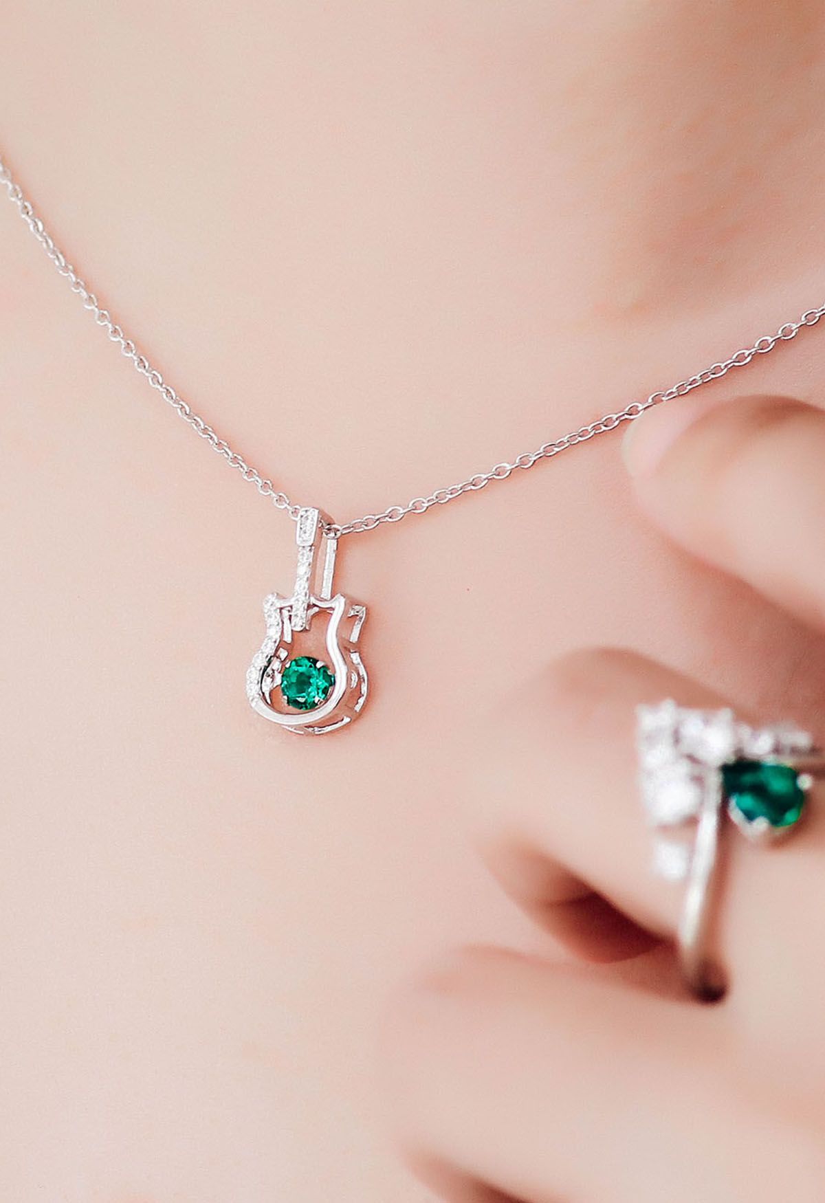 Guitar Shape Emerald Gem Necklace