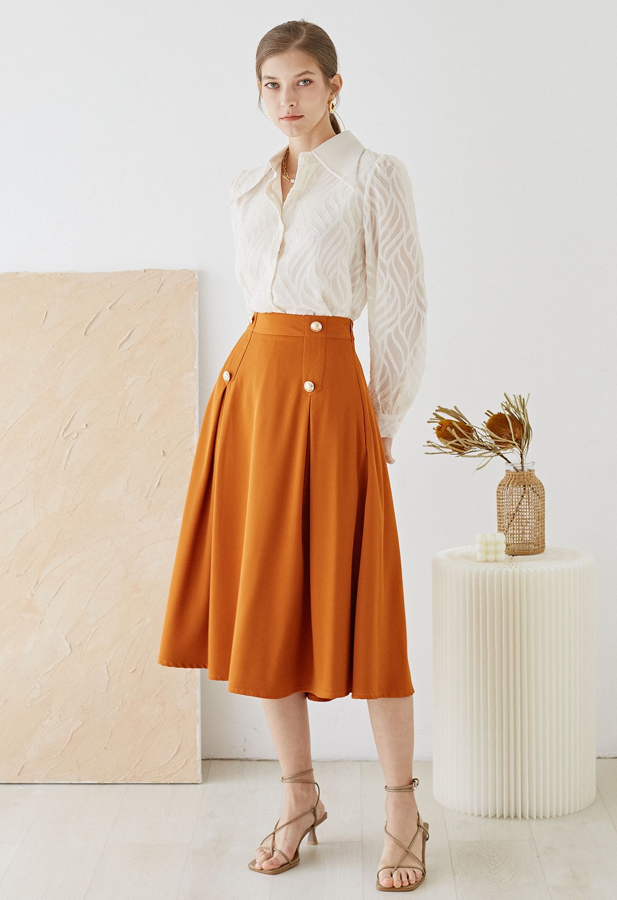 Buttoned Pleated A-Line Skirt in Pumpkin